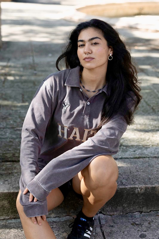 Charcoal long sleeve editorial portrait
